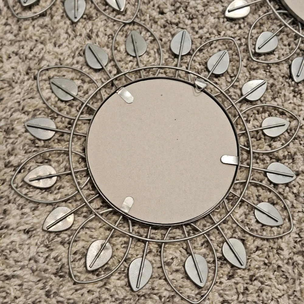 Silver Sunburst Wall Mirror Set of 3 Crystal Rhinestone Floral Glam Decor 9.5 in